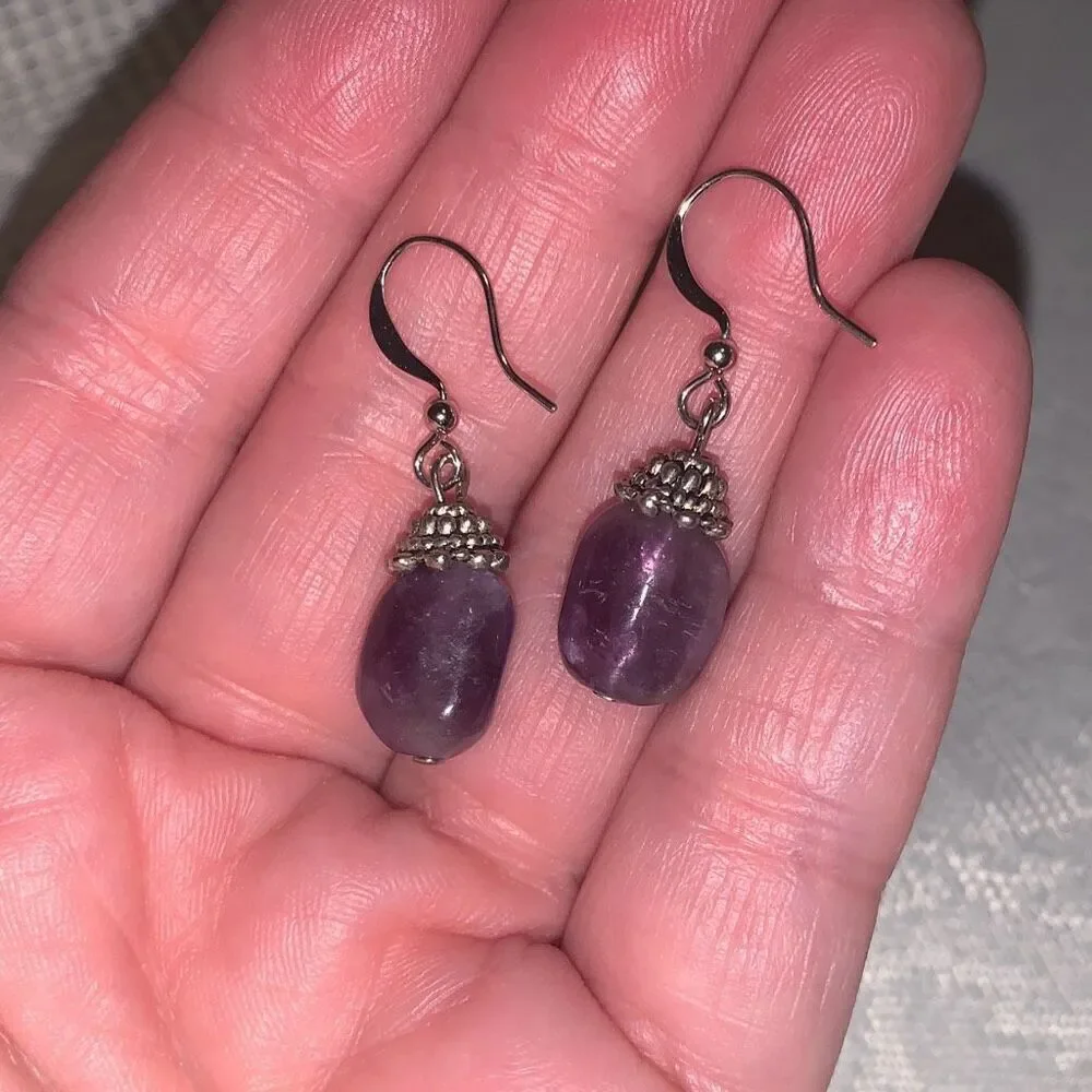 Vintage Silver Amethyst Hook Back‎ Drop Earrings